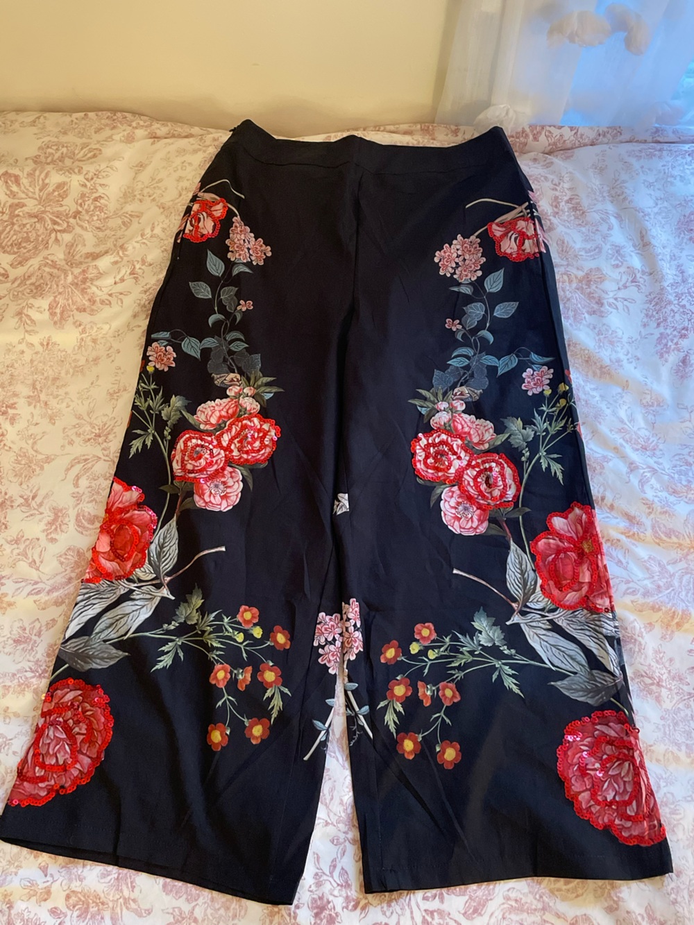 Black Floral Pants with Red Rose Print